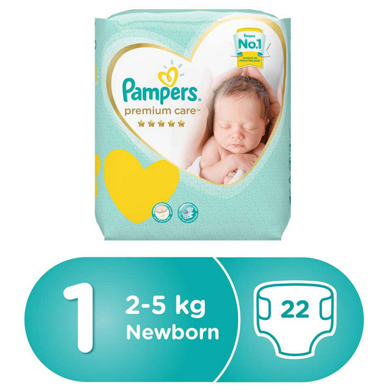 Premium Care Diapers, Size 1, Newborn, 2-5 kg, Carry Pack, 22 Count - MazenOnline