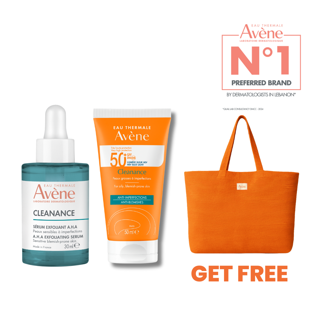Avene - Cleanance Exfoliating Serum AHA + Cleanance Solaire spf 50 + Pouch | MazenOnline