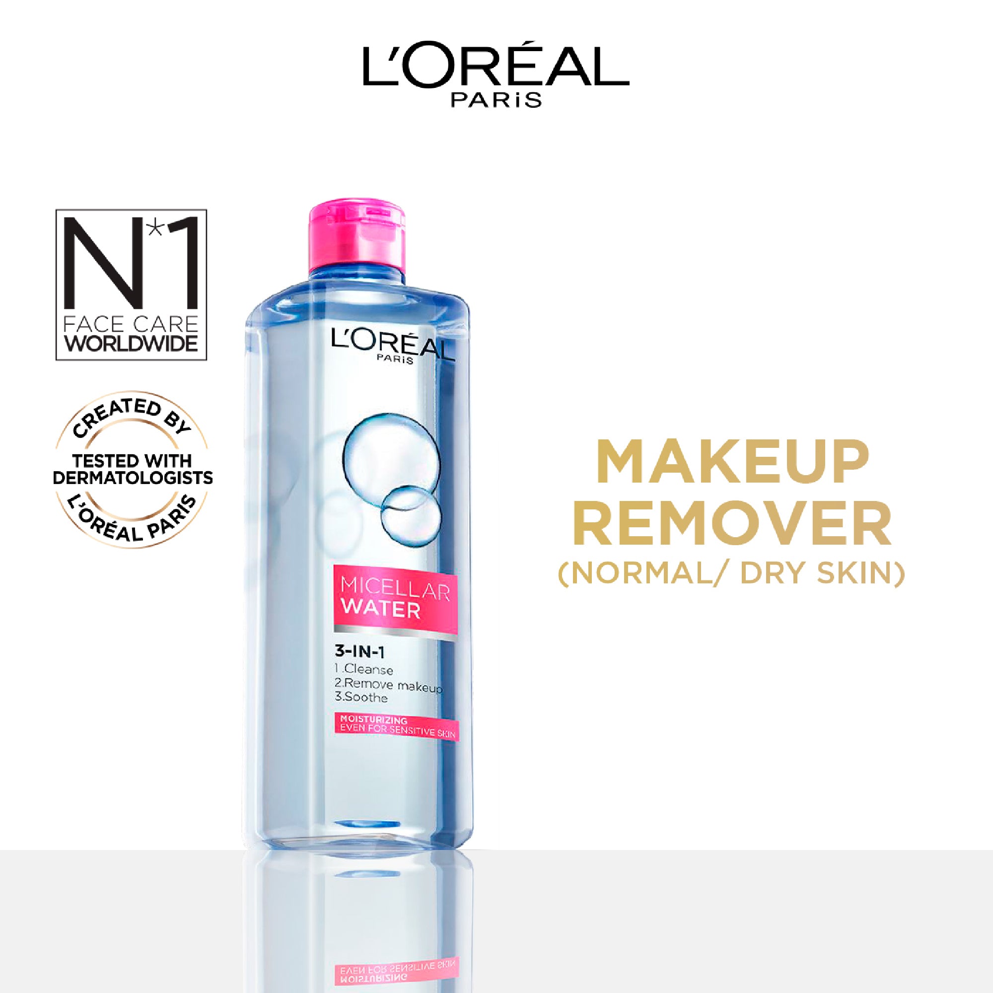 L'Oréal Paris - 3-in-1 Refreshing and Moisturizing Micellar Water, Cleanse, Remove Makeup and Soothe, for Sensitive and Normal to Dry Skin | MazenOnline