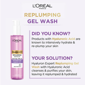 L'Oréal Paris - Hyaluron Expert Replumping Cleansing Gel, with Hyaluronic Acid, to Replump, Purify and Hydrate, for All Skin Types Including Sensitive | MazenOnline