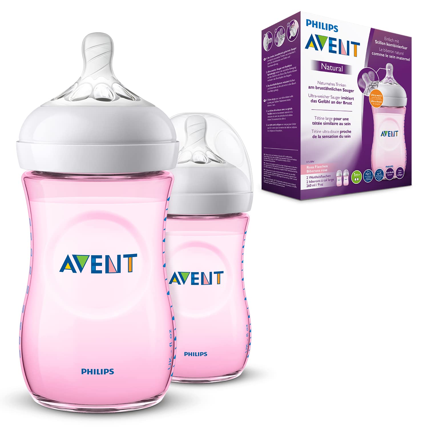 Natural Feeding Bottle 2 Count 260ml, Pink, Translucent - MazenOnline