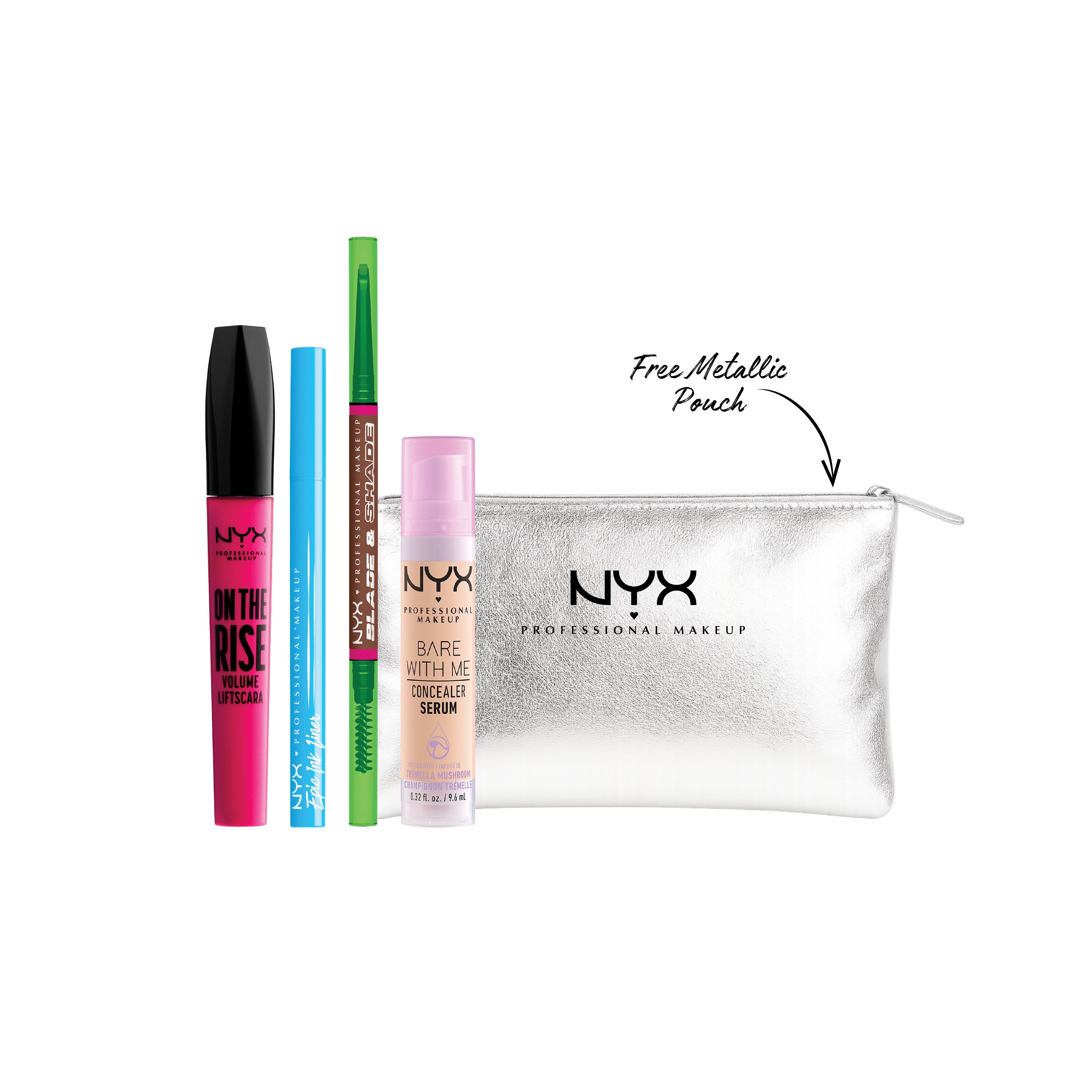 NYX Professional Makeup - Blade & Shade, Dual Edged Brow Pencil + Epic Ink Liner, Waterproof Liquid Eyeliner + On The Rise Volume Liftscara Mascara + Bare With Me Concealer Serum + Gift | MazenOnline