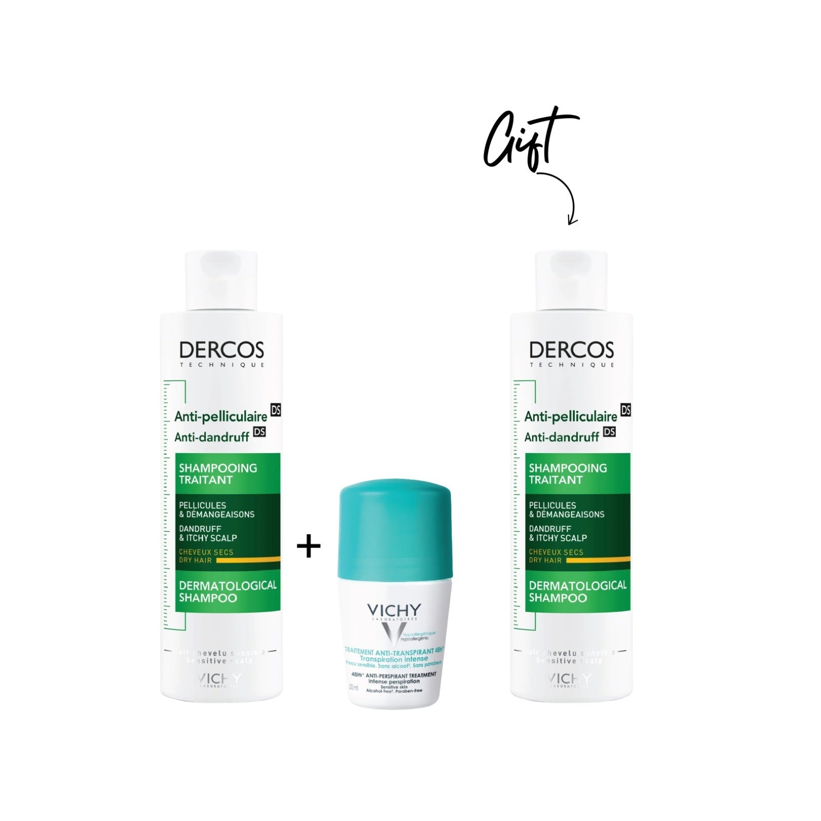 vichy - Dercos Anti-Dandruff Sensitive Shampoo + Deodorant Intensive Treatment Anti Perspirant 48 Hours + Gift | MazenOnline