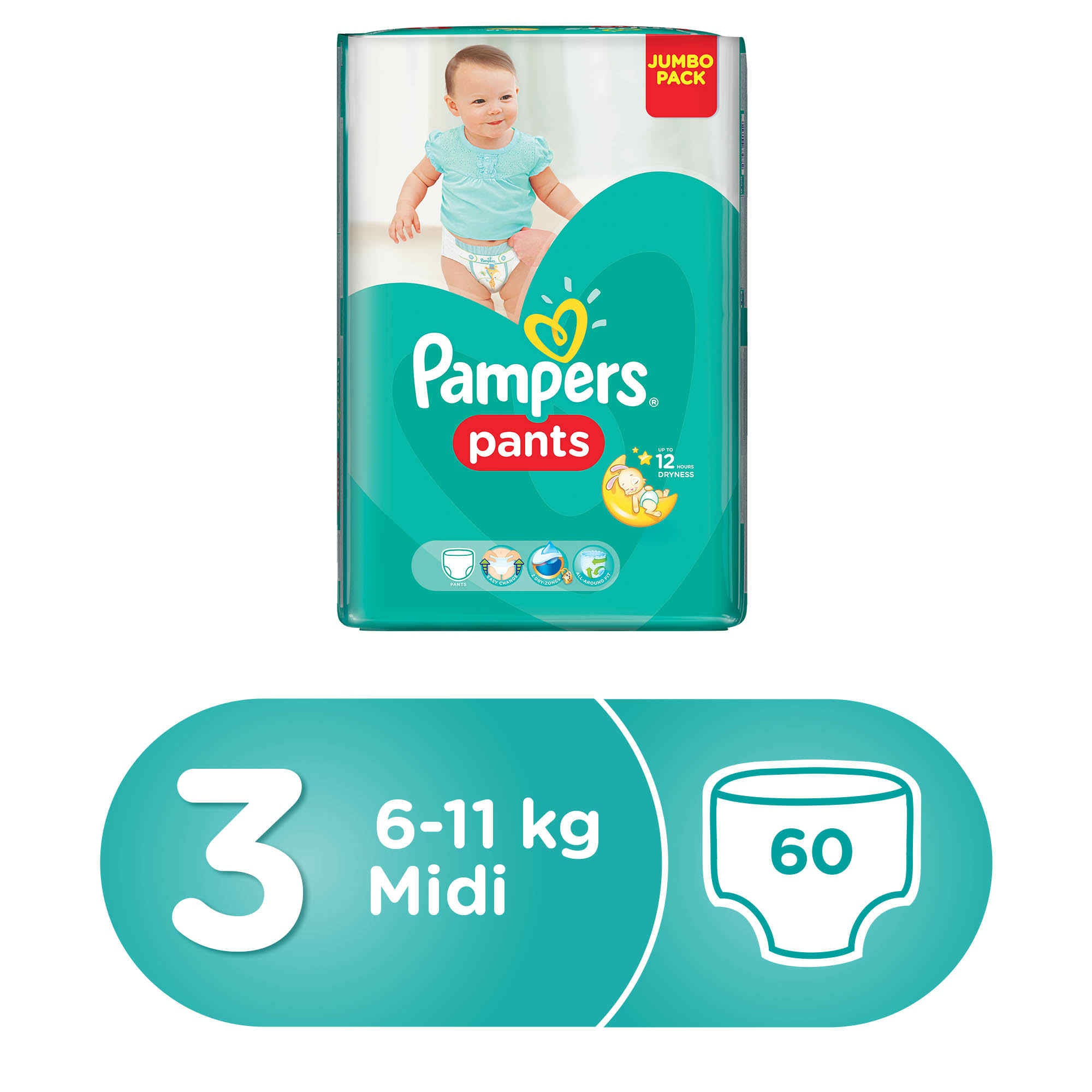 Baby Pants Diapers, Jumbo Pack, Medium, Size 3, 6-11 kg, 60 Diapers - MazenOnline