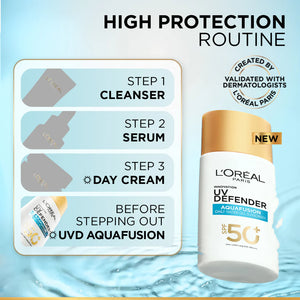 L'Oréal Paris - UV Defender, Aquafusion Daily Water Gel Sunscreen, SPF50+ PA++++, Defends from all UV aging signs, Absorbs in 3 Seconds, 50ml | MazenOnline