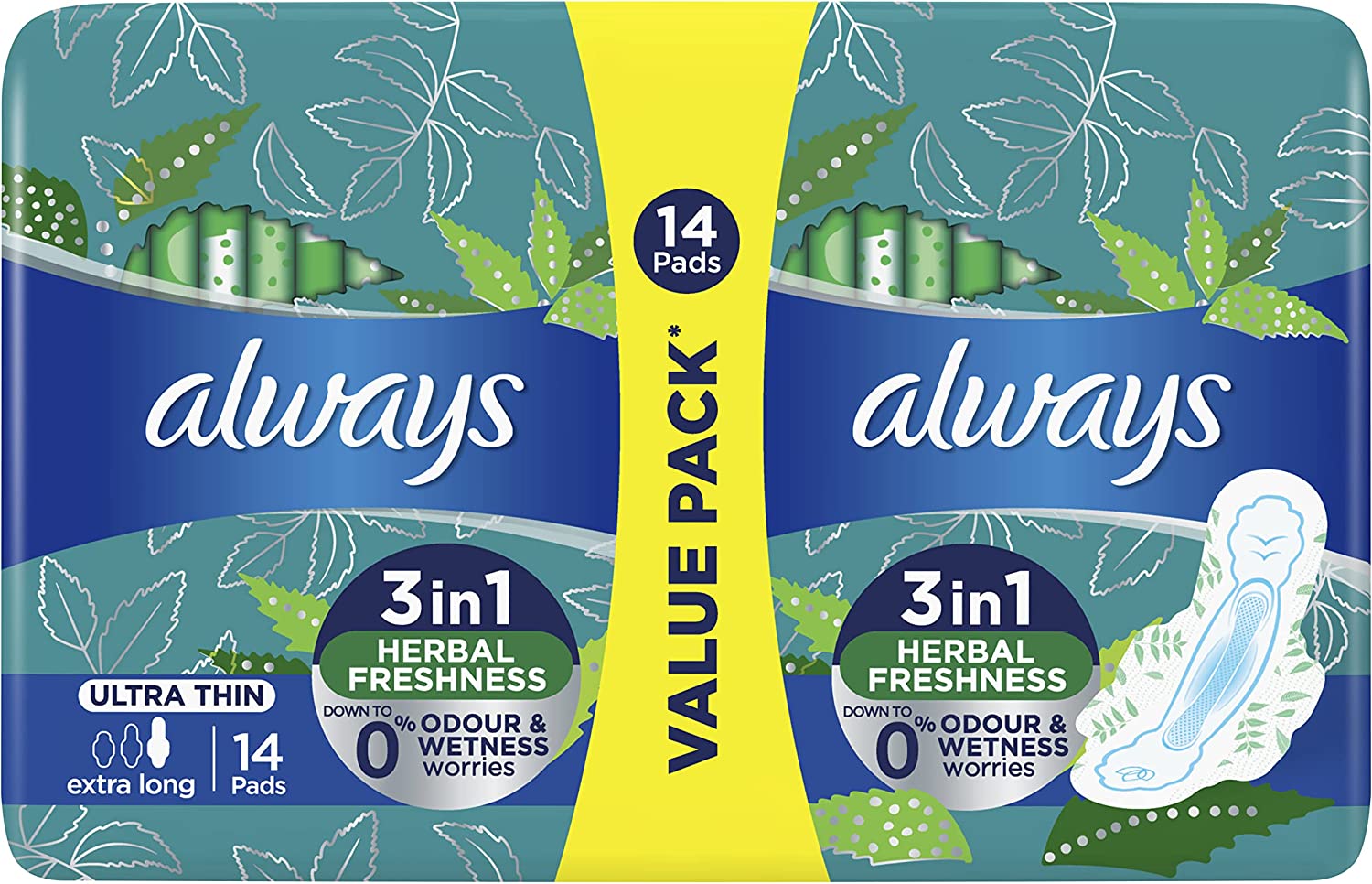 Always Ultra Thin Extra Long 3In1 Herbal Freshness 14 pads - MazenOnline