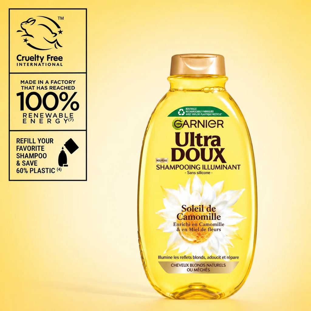 Garnier Ultra Doux Camomile and Flower Honey illuminating shampoo bottle with golden liquid inside, casual hair care product.
