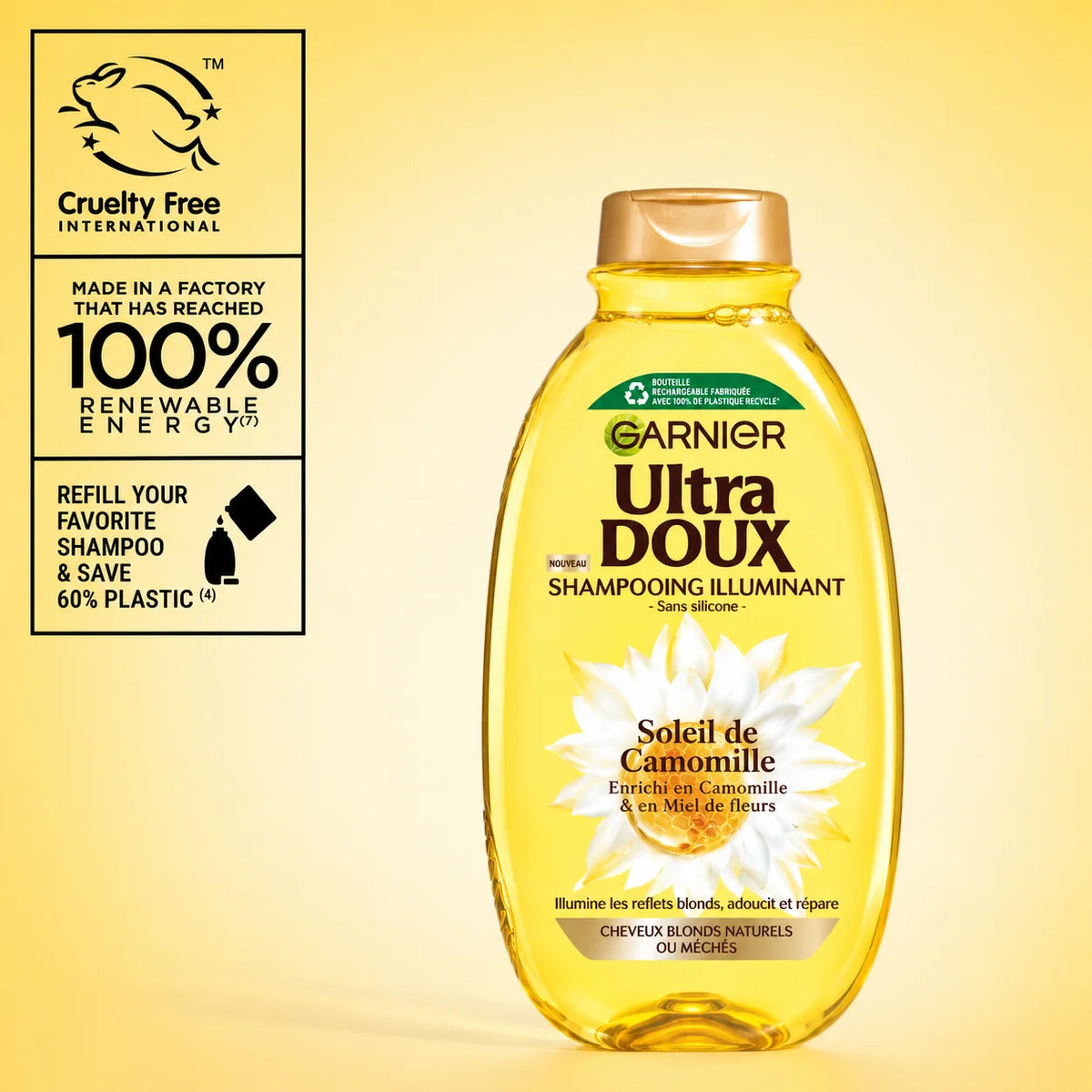 Garnier Ultra Doux Camomile and Flower Honey illuminating shampoo bottle with golden liquid inside, casual hair care product.