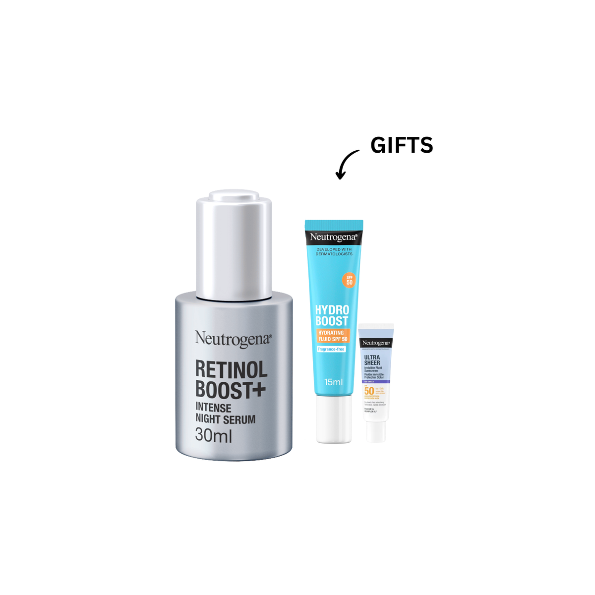 Neutrogena Retinol Boost Intense Night Serum bottle with complimentary gifts beside it