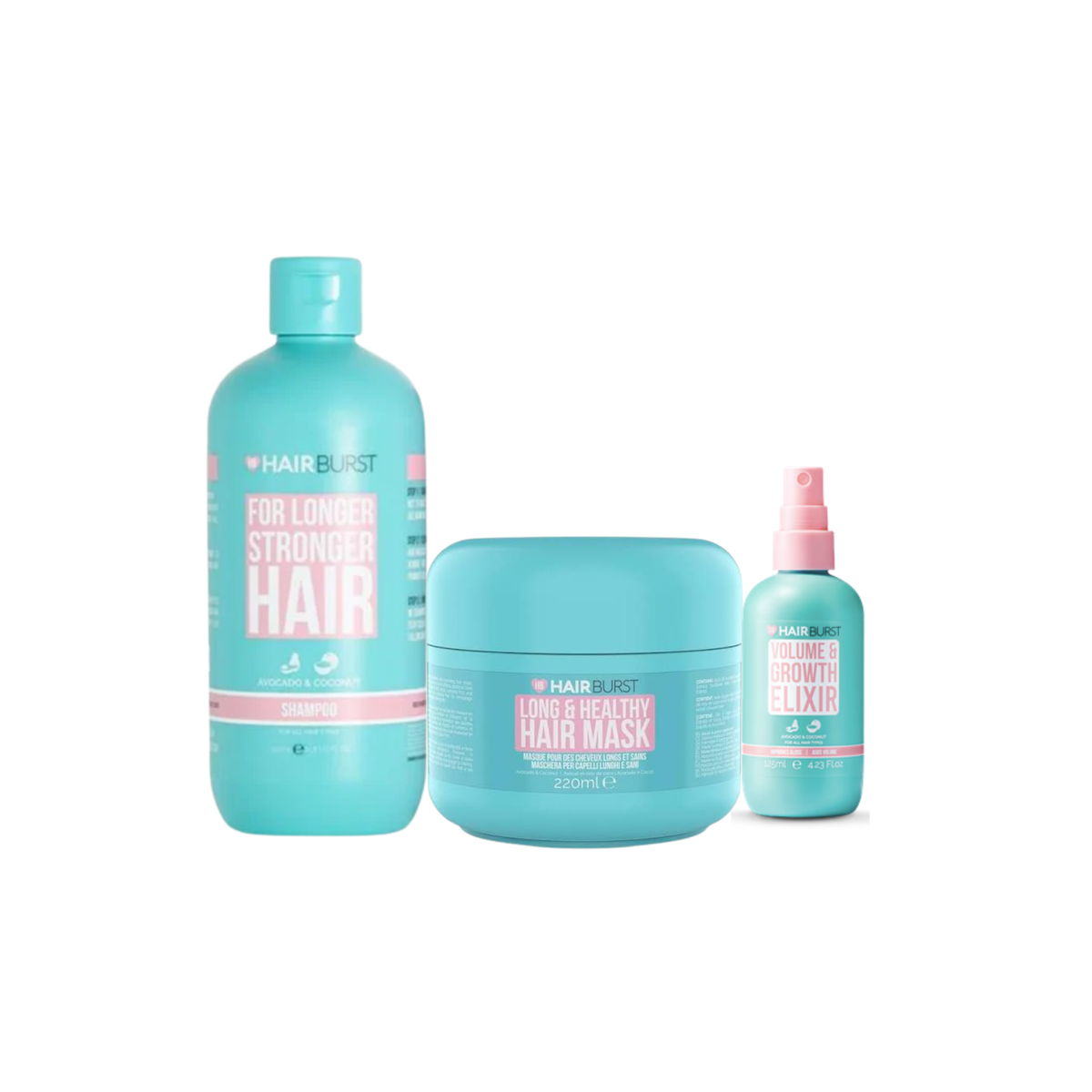 HAIRBURST shampoo, hair mask, and mini volume elixir bottles for longer, stronger, and healthier hair on a white background.