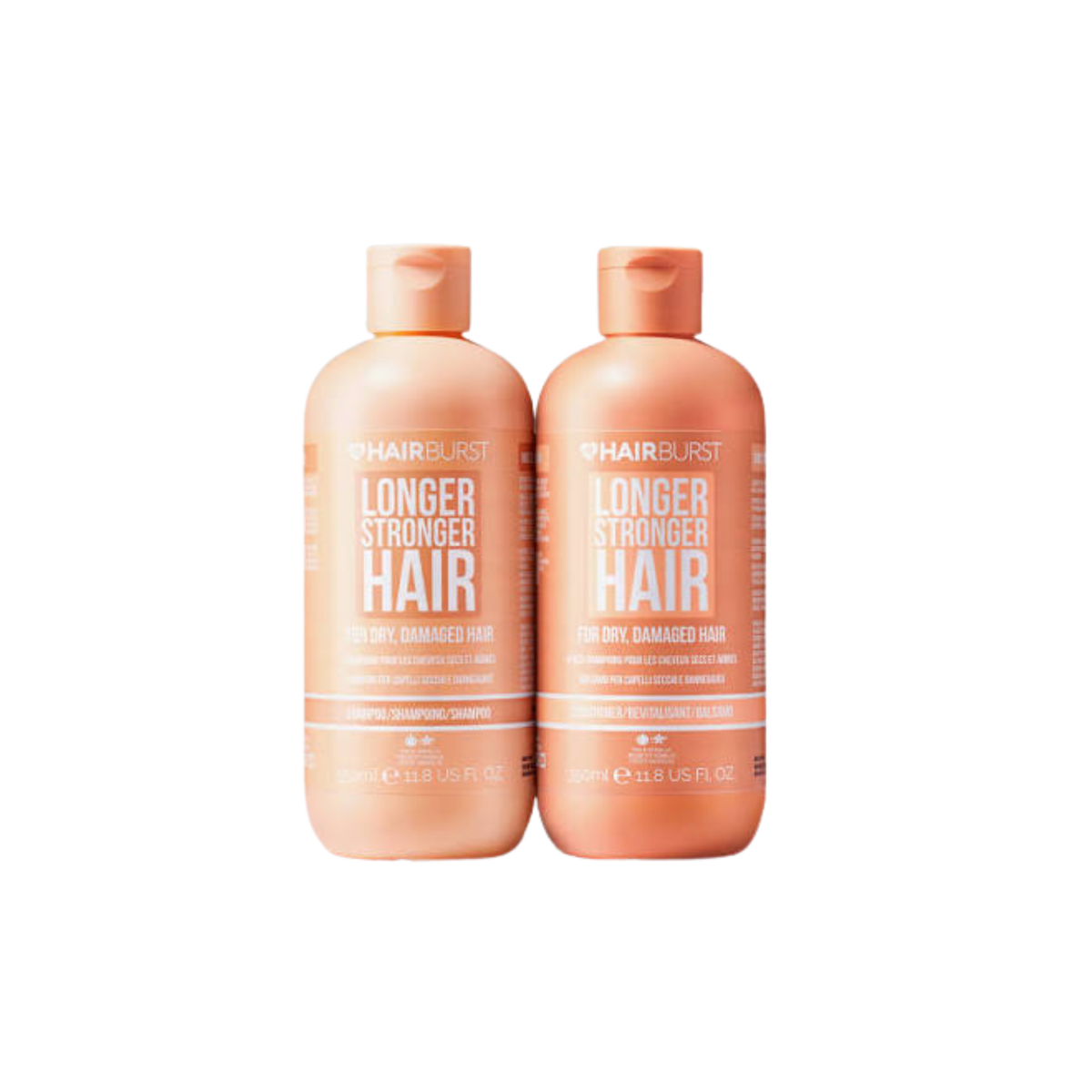 HAIRBURST dry shampoo and dry conditioner for damaged hair, featuring bottles with pump dispensers and damaged hair illustration.