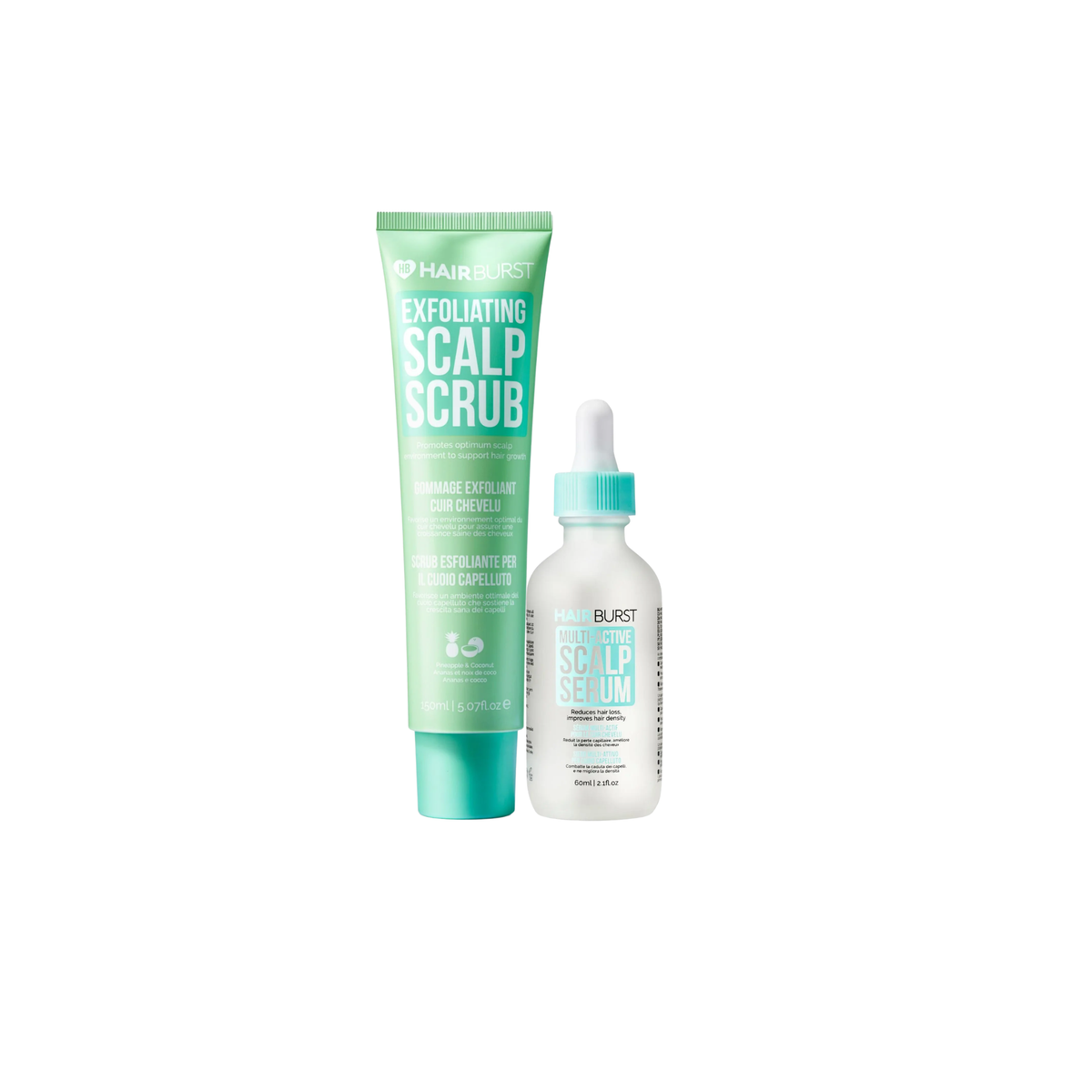 HAIRBURST exfoliating scalp scrub and multi-active hair growth serum bottles, with the scrub showing textured surface and serum in clear containers.