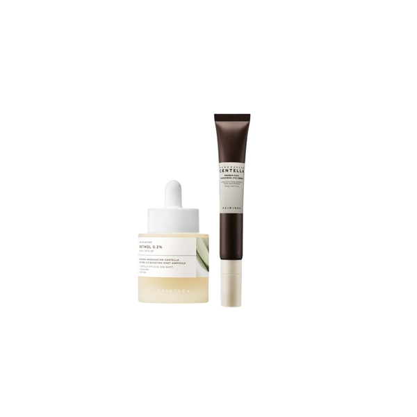 SKIN1004 Probio-Cica Bakuchiol Eye Cream with Retinol 0.2 Boosting Shot Ampoule shown in a sleek jar and ampoule bottle.