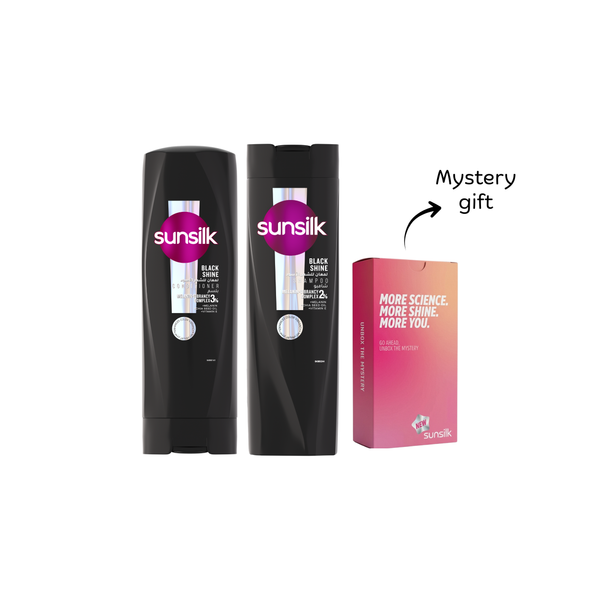 Sunsilk Black Shine shampoo and conditioner set with a gift, featuring sleek black bottles and shiny hair on the label