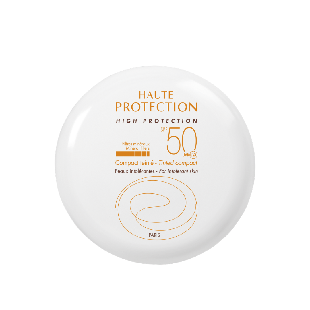 Avène High Protection Compact Tinted Sunscreen in Sand shade with SPF 50, dermocosmetic face sun protection.