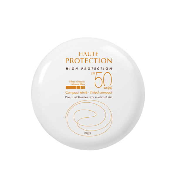 Avène High Protection Compact Tinted Sunscreen in Sand shade with SPF 50, dermocosmetic face sun protection.