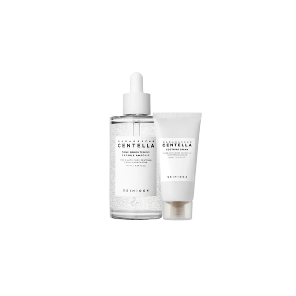 SKIN1004 brightening capsule ampoule and Madagascar Centella soothing cream in jars, skincare products with vibrant packaging.