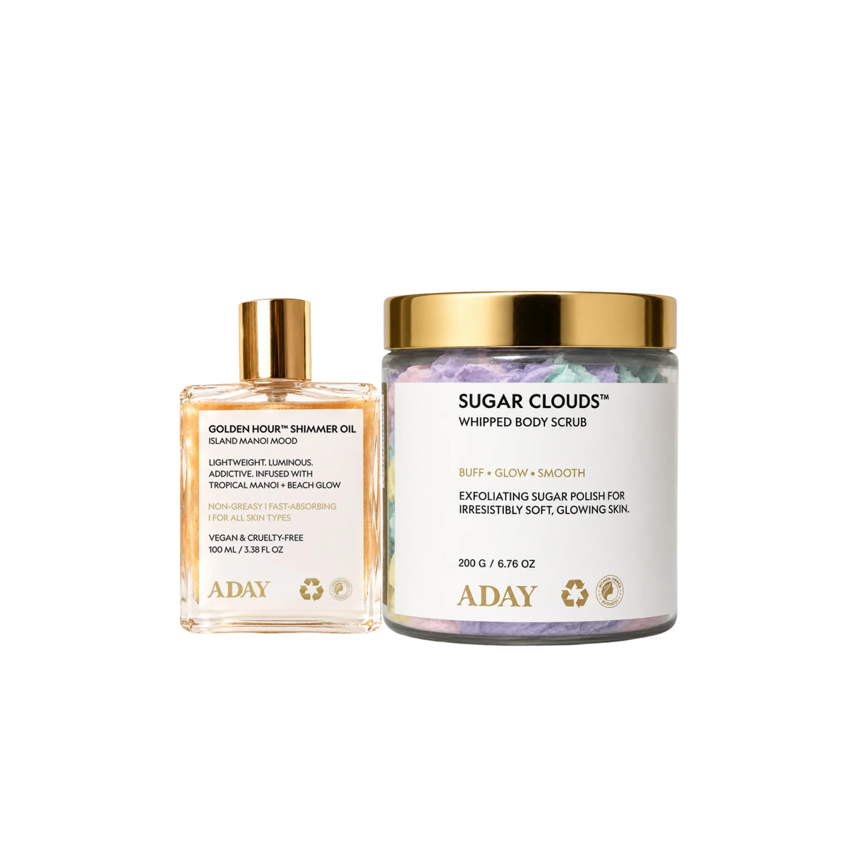 ADAY Golden Hour Shimmer Oil and Sugar Clouds Whipped Body Scrub in Island Manoi Mood scent