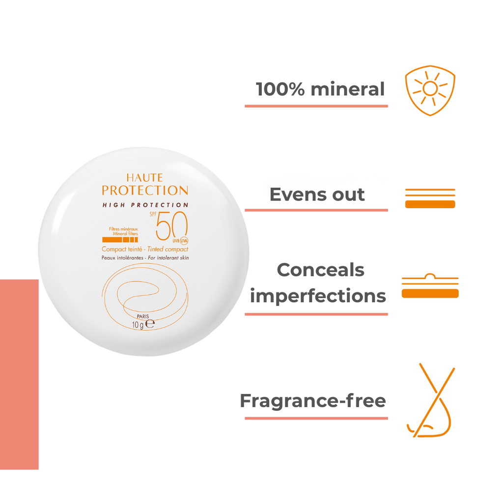 Avène High Protection Compact Tinted SPF 50 dermocosmetic in sand shade, compact case with mirror and applicator inside.