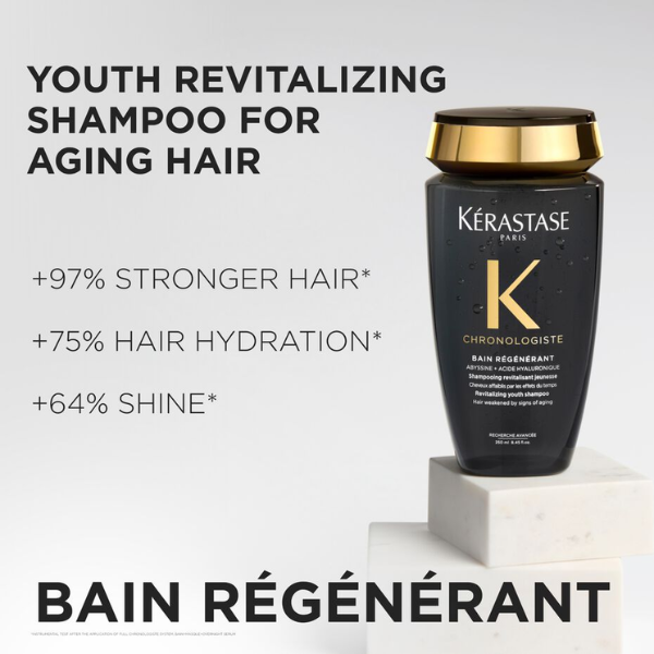 Kérastase Chronologiste Youth Revitalizing Shampoo bottle with sleek black and gold packaging for luxury hair care.