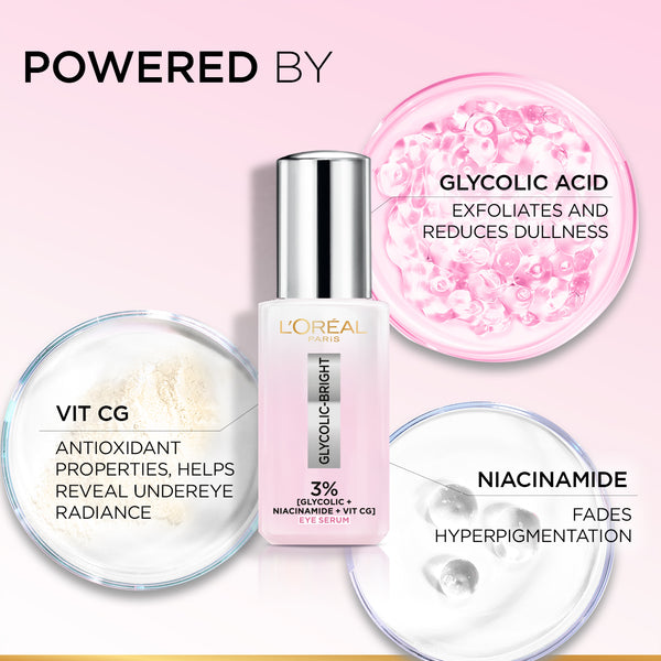 L'Oréal Paris - Glycolic Bright Eye Serum, with 3% (Glycolic Acid  + Vitamin CG + Niacinamide], for Dark Circles and Under Eyes Brightening | MazenOnline