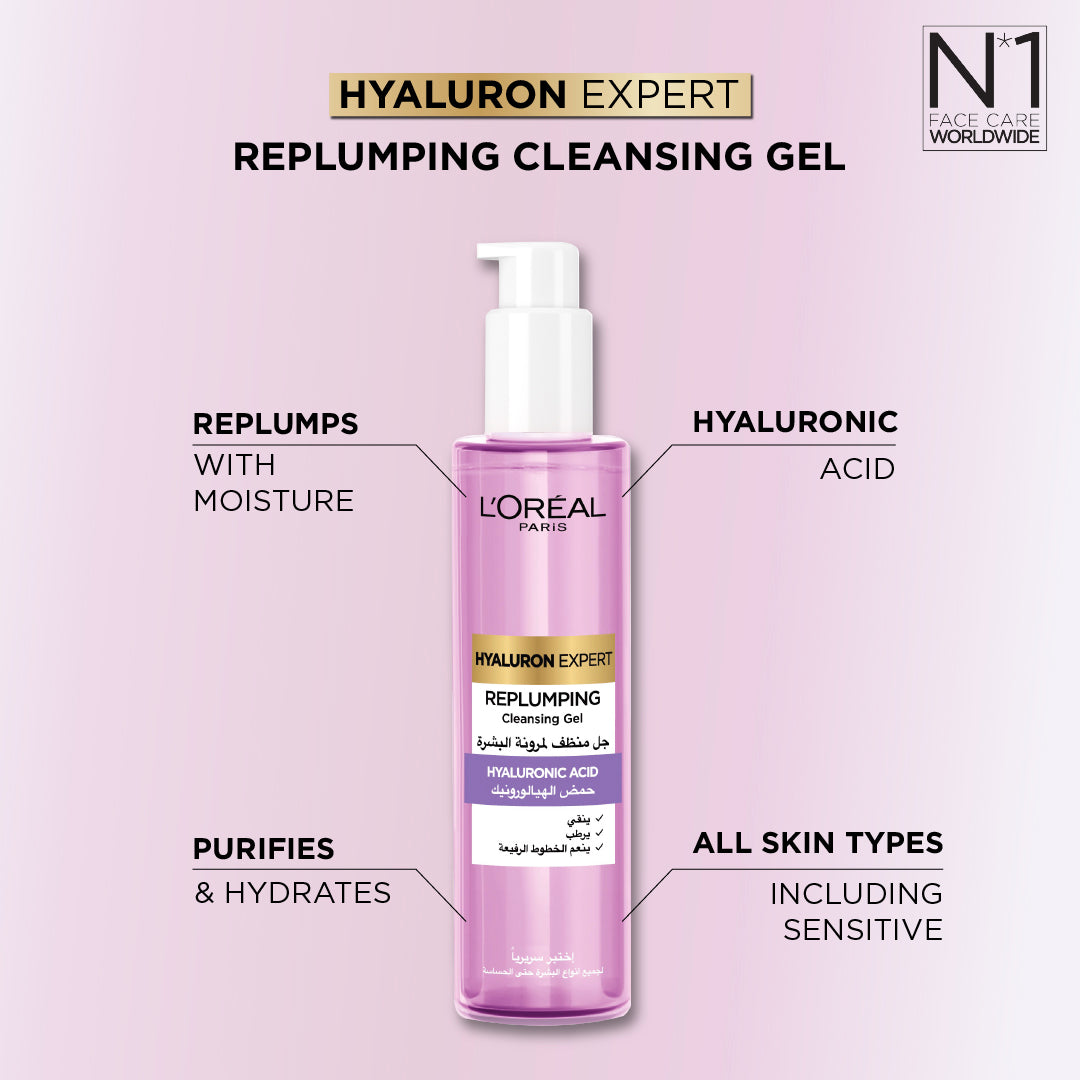L'Oréal Paris - Hyaluron Expert Replumping Cleansing Gel, with Hyaluronic Acid, to Replump, Purify and Hydrate, for All Skin Types Including Sensitive | MazenOnline