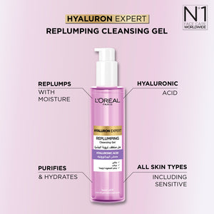 L'Oréal Paris - Hyaluron Expert Replumping Cleansing Gel, with Hyaluronic Acid, to Replump, Purify and Hydrate, for All Skin Types Including Sensitive | MazenOnline