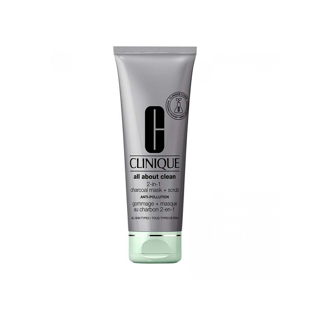 Clinique All About Clean 2-In-1 Charcoal Mask and Scrub in a white jar with black lid, showcasing the skincare product.