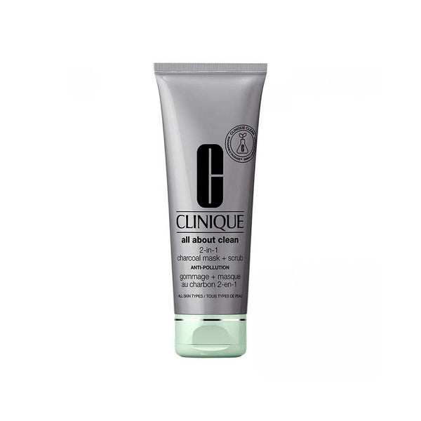 Clinique All About Clean 2-In-1 Charcoal Mask and Scrub in a white jar with black lid, showcasing the skincare product.