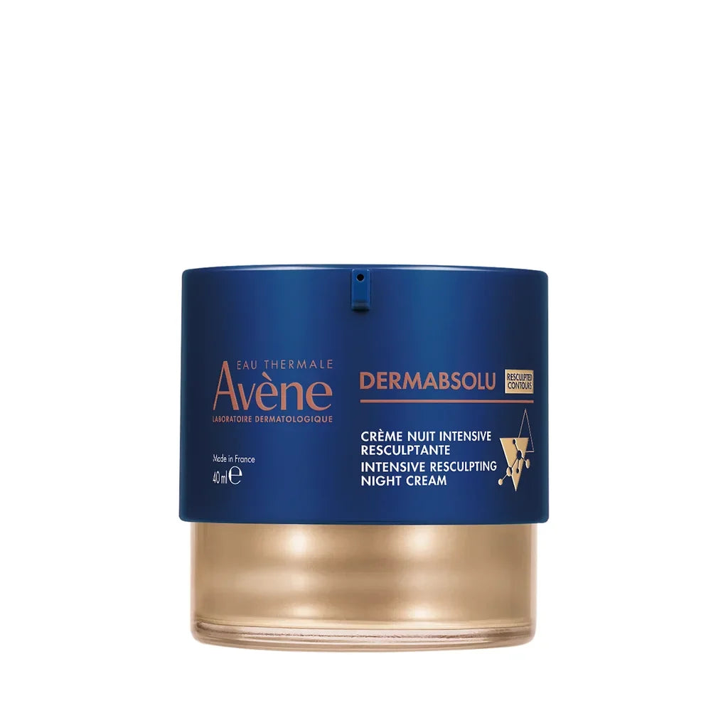Avène DermAbsolu Comforting Night Balm in a jar, soothing skincare product with a creamy texture for calming skin overnight.