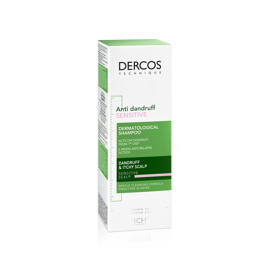 Vichy Dercos Anti-Dandruff Sensitive Shampoo bottle with label, medical hair care for dandruff relief and scalp soothing.