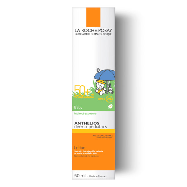 La Roche-Posay Anthelios DP Baby Lotion SPF50+ in a white bottle with blue cap, suitable for sensitive baby skin.