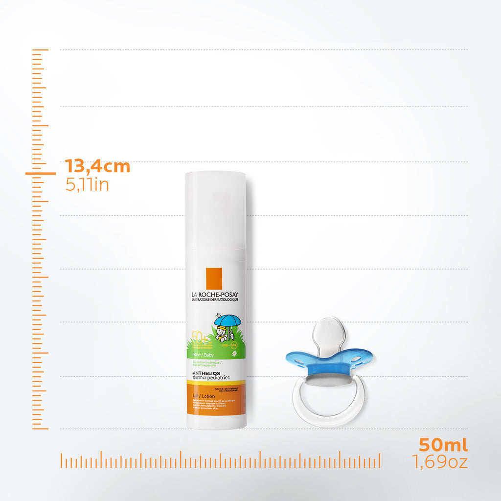 La Roche-Posay Anthelios DP Baby Lotion SPF50+ in a white bottle with a pump dispenser, designed for sensitive baby skin.
