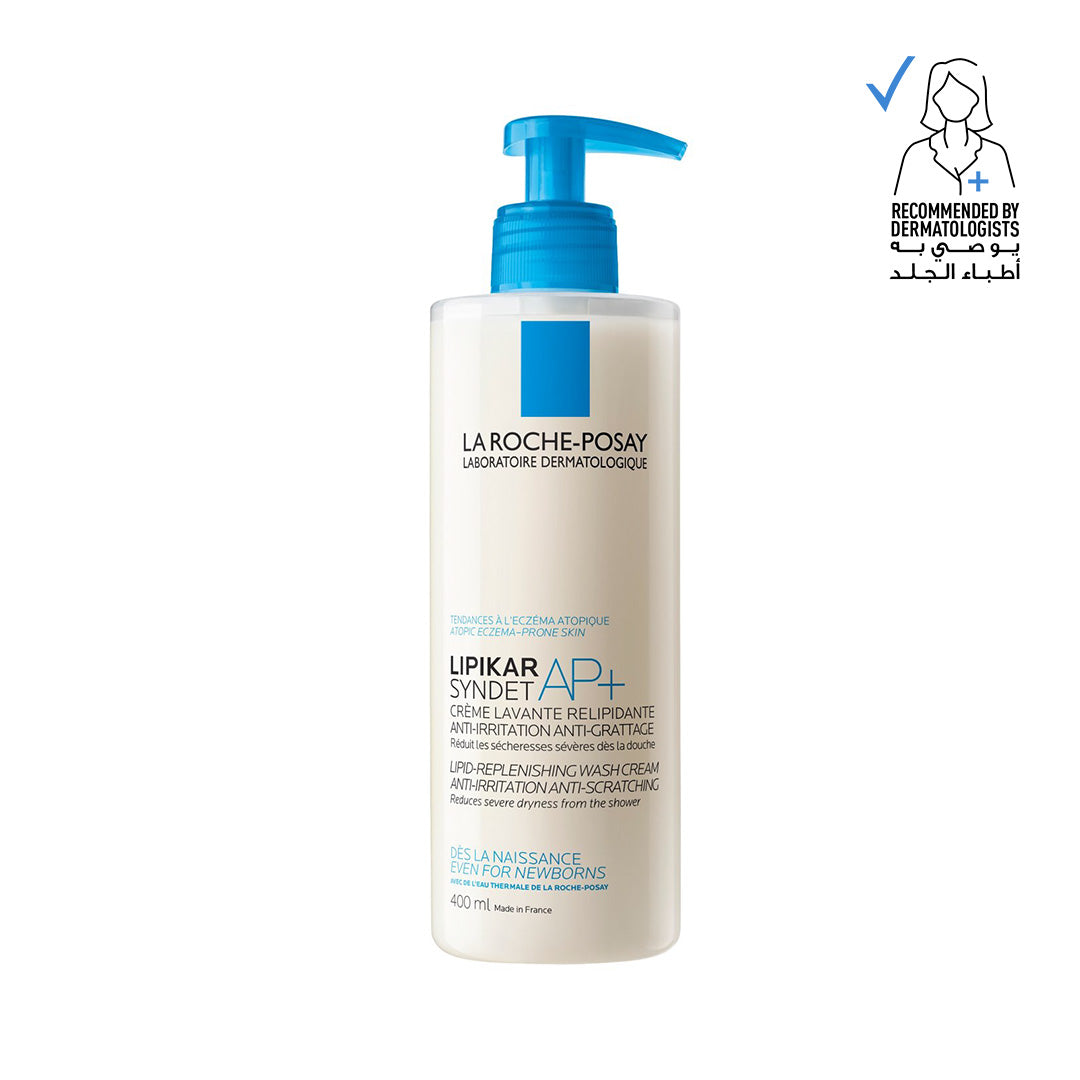 La Roche-Posay Lipikar Syndet AP+ lipid replenishing wash cream for sensitive skin, shown in its packaging.