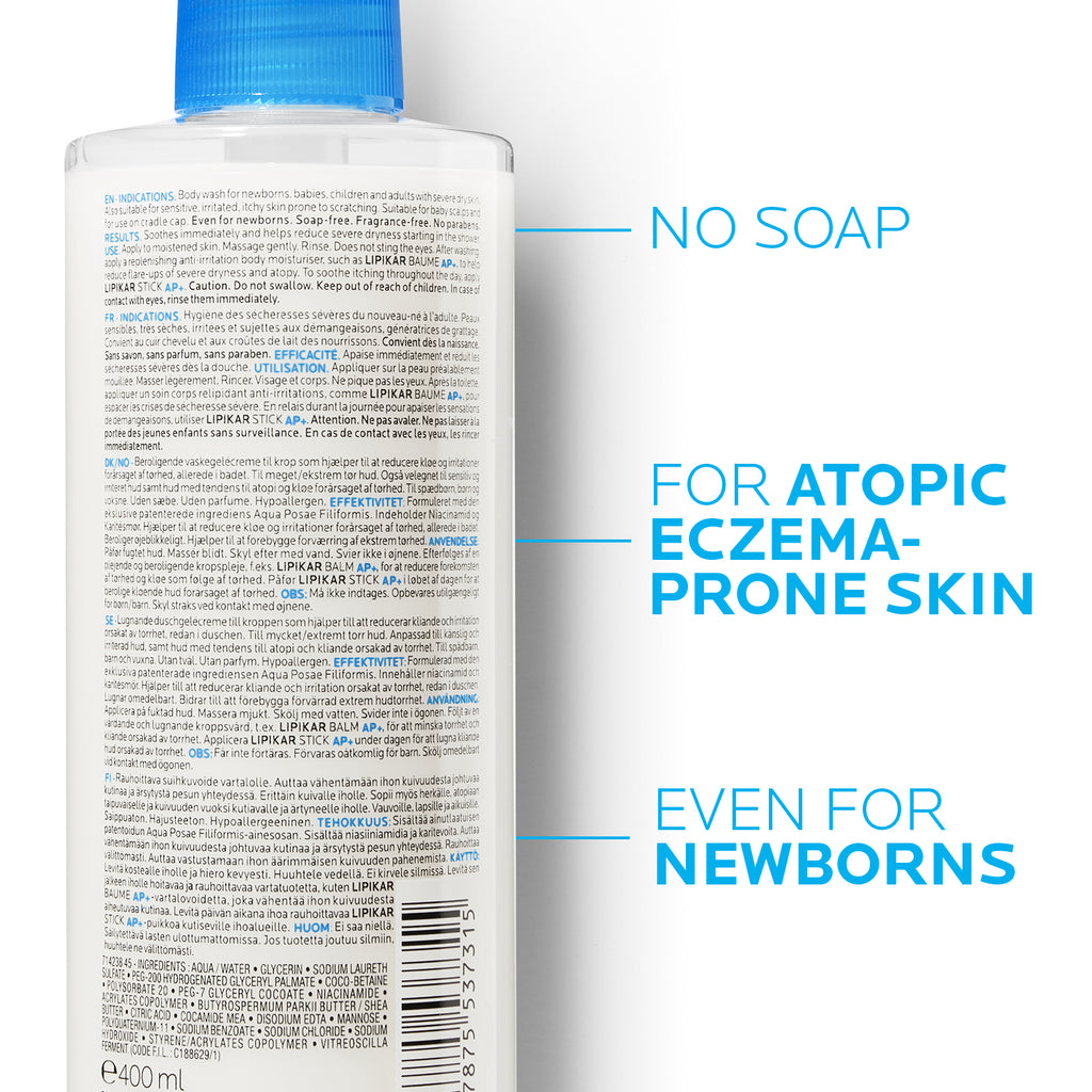 La Roche-Posay Lipikar Syndet AP+ lipid replenishing wash cream, gentle dermocosmetic cleanser for sensitive skin, in a white tube