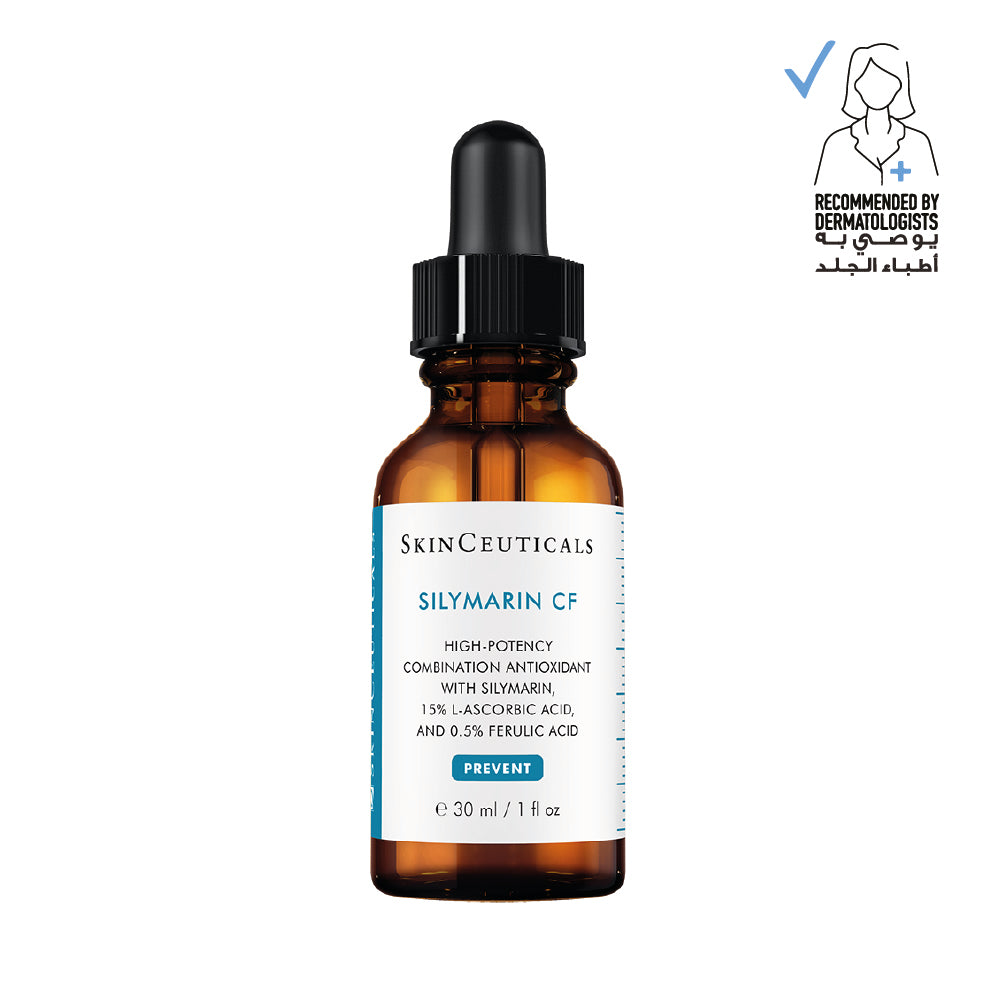 SkinCeuticals Silymarin CF Antioxidant Serum in 30ml bottle, luxurious skincare product with clear packaging and dropper applicator.