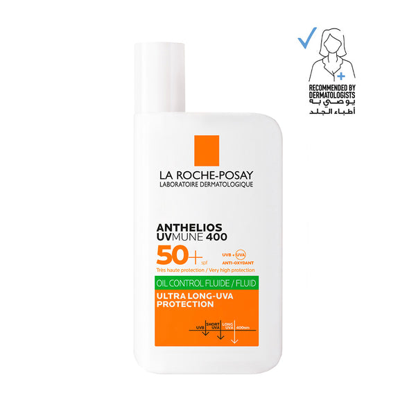 La Roche-Posay Anthelios UVMune 400 SPF 50+ oil control invisible fluid sunscreen bottle for oily skin.