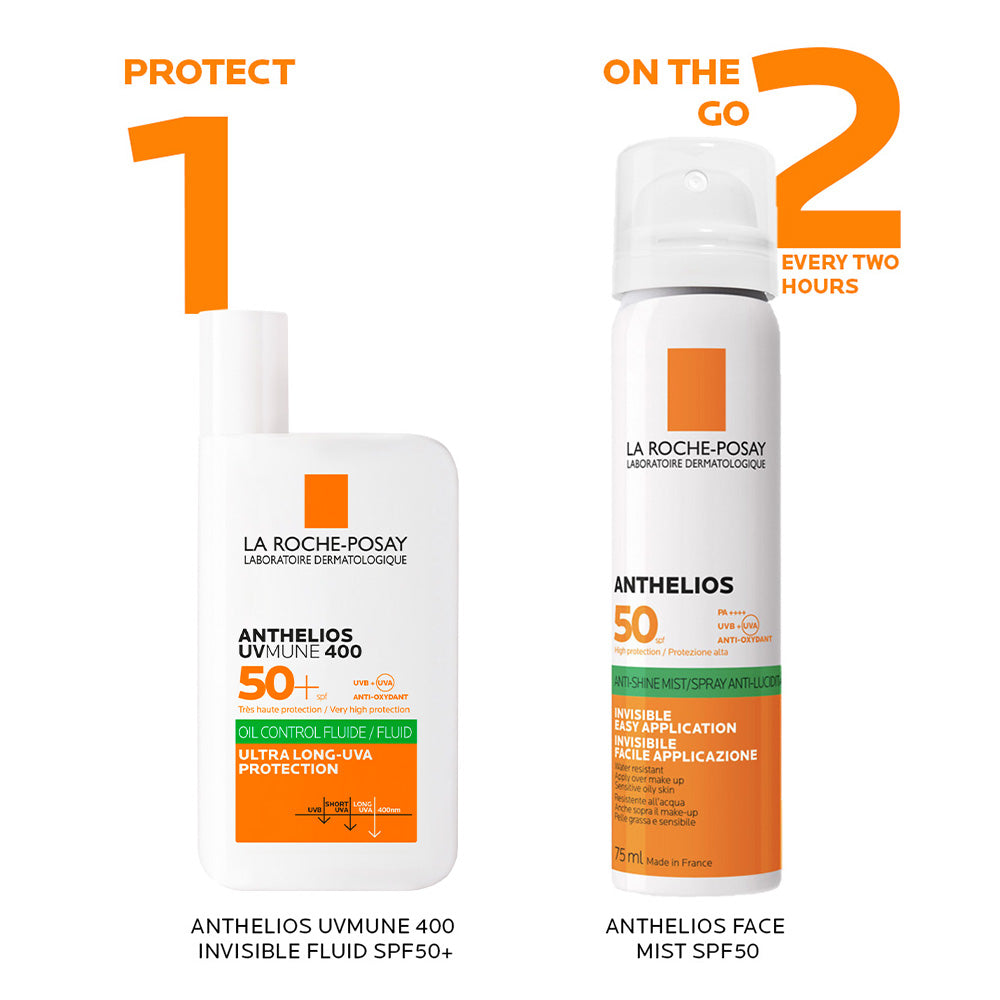 La Roche-Posay Anthelios UVMune 400 SPF 50+ oil control invisible fluid sunscreen bottle with pump for oily skin.