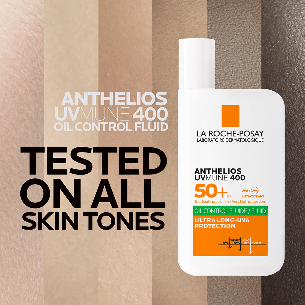 La Roche-Posay Anthelios UVMune 400 SPF 50+ oil control invisible fluid sunscreen bottle for oily skin.