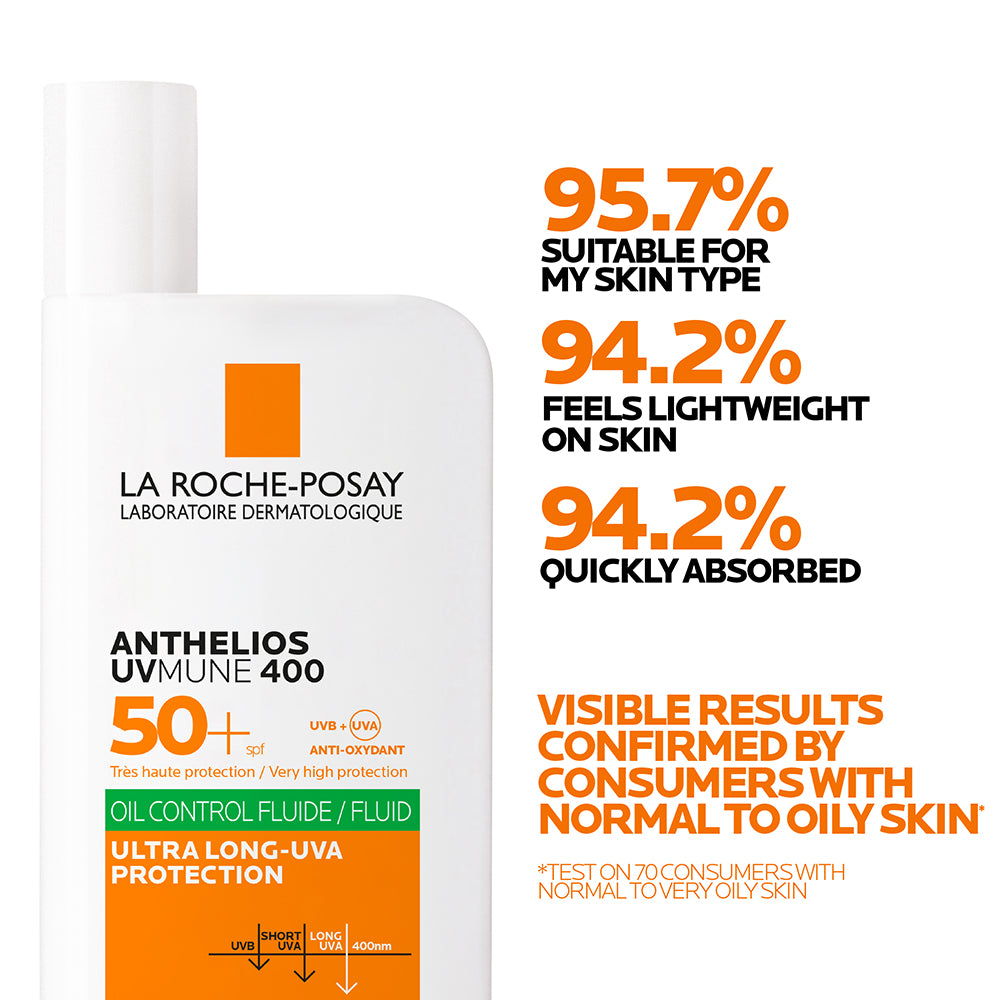 La Roche-Posay Anthelios UVMune 400 SPF 50+ oil control invisible fluid sunscreen bottle with pump for oily skin.