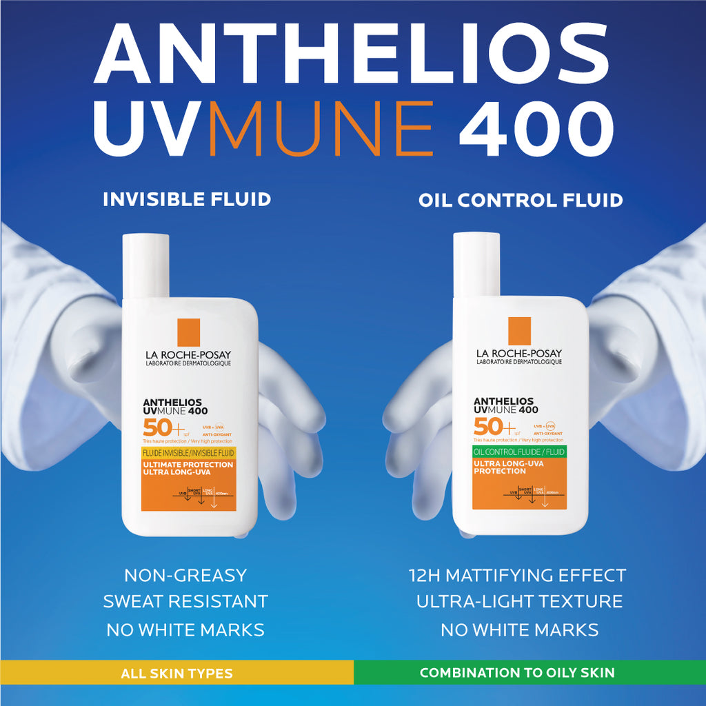 La Roche-Posay Anthelios UVMune 400 Oil Control SPF 50+ invisible fluid sunscreen bottle with pump for oily skin.