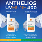 La Roche-Posay Anthelios UVMune 400 Oil Control SPF 50+ invisible fluid sunscreen bottle with pump for oily skin.