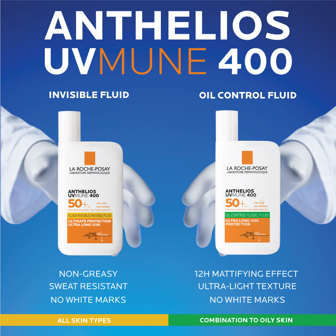 La Roche-Posay Anthelios UVMune 400 Oil Control SPF 50+ invisible fluid sunscreen bottle with pump for oily skin.
