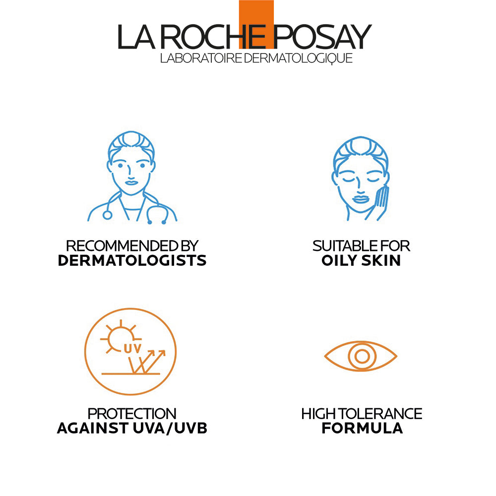 La Roche-Posay Anthelios UVMune 400 SPF 50+ oil control invisible fluid sunscreen for oily skin, clear tube, and applicator.
