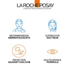 La Roche-Posay Anthelios UVMune 400 SPF 50+ oil control invisible fluid sunscreen for oily skin, clear tube, and applicator.