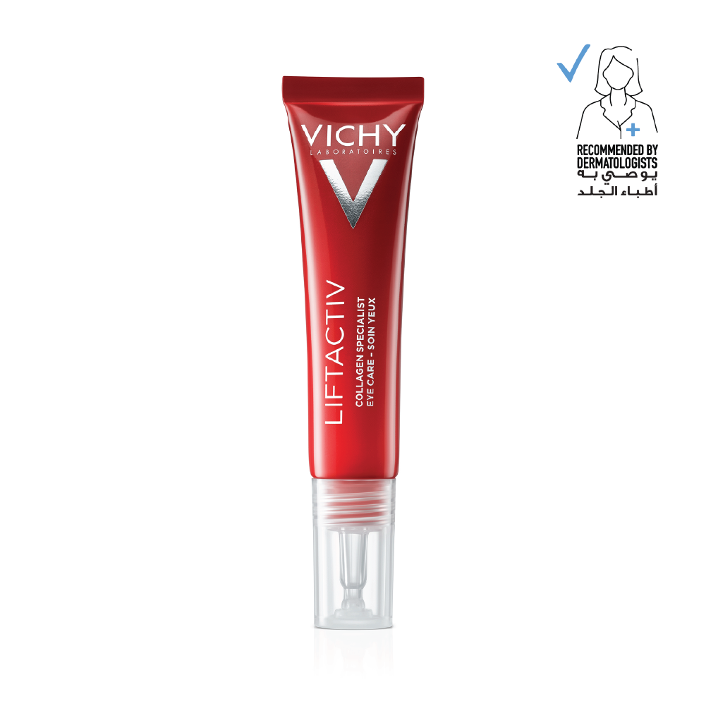 Vichy Liftactiv Collagen Specialist Eye Care tube with applicator, designed to reduce fine lines and improve skin firmness around eyes.