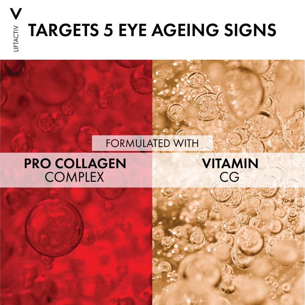 Vichy Liftactiv Collagen Specialist Eye Care tube with applicator, designed to reduce signs of aging around the eyes.