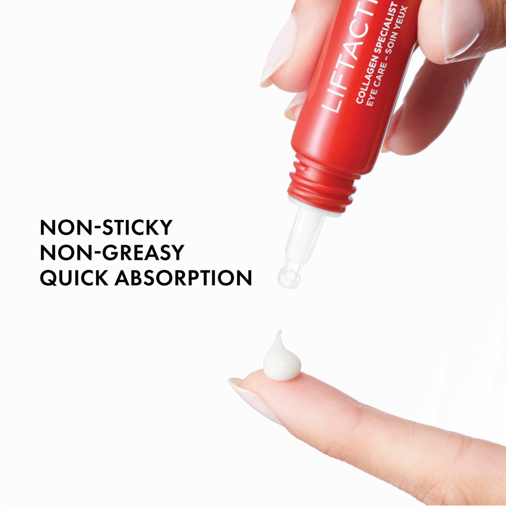 Vichy Liftactiv Collagen Specialist Eye Care tube with applicator tip, designed for reducing wrinkles and puffiness around the eyes.