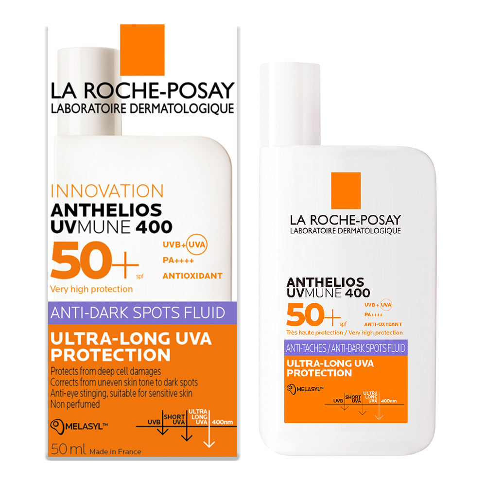 La Roche-Posay Anthelios Anti-Dark Spots Fluid SPF50+ sunscreen bottle and packaging