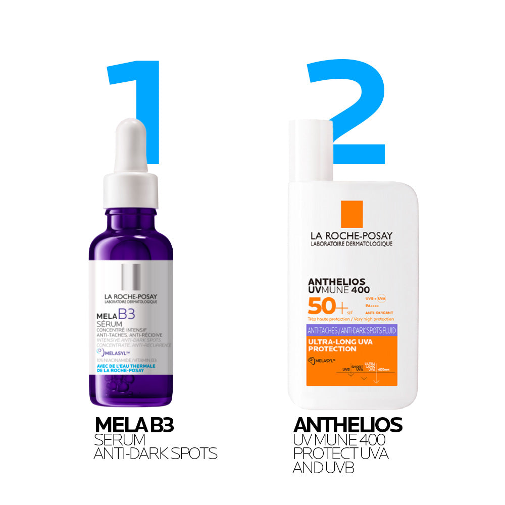 La Roche-Posay Anthelios Anti-Dark Spots Fluid SPF50+ sunscreen bottle with lightweight facial formula